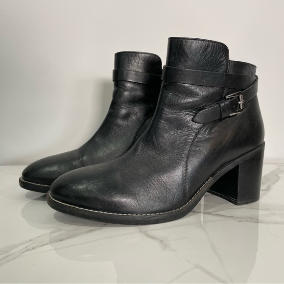 Hush Puppies Shoes - Black Leather Ankle Boots with Buckle Strap - Women